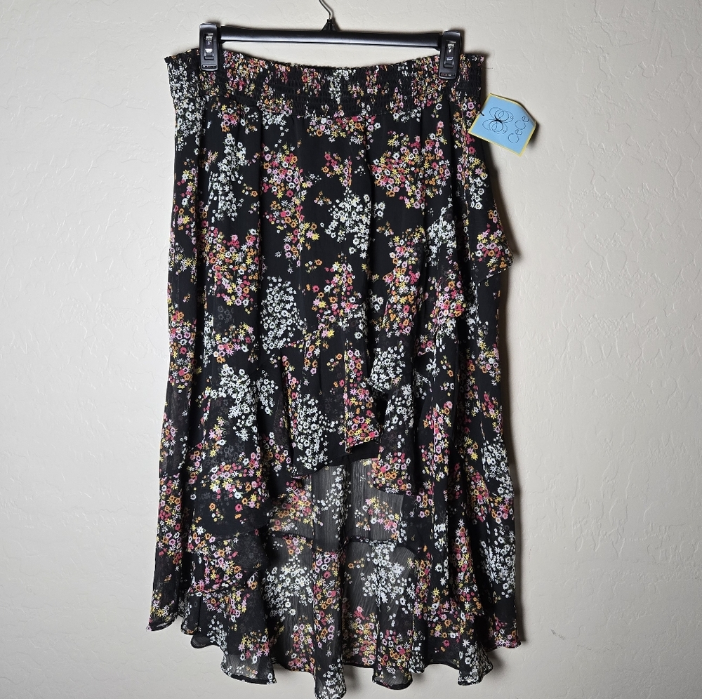 CeCe Hi-Low Midi Skirt XL Black Lined Dark Ditsy Floral Tiered Ruffle Fairycore